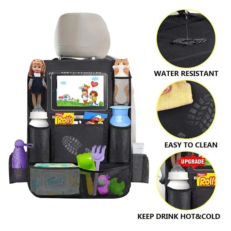 Organisateur Siège Arrière Voiture avec Support Tablette Tactile — Rangement Auto, Protège-Siège et Pochettes de Stockage