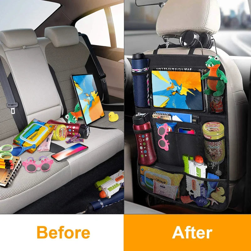 Organisateur Siège Arrière Voiture avec Support Tablette Tactile — Rangement Auto, Protège-Siège et Pochettes de Stockage